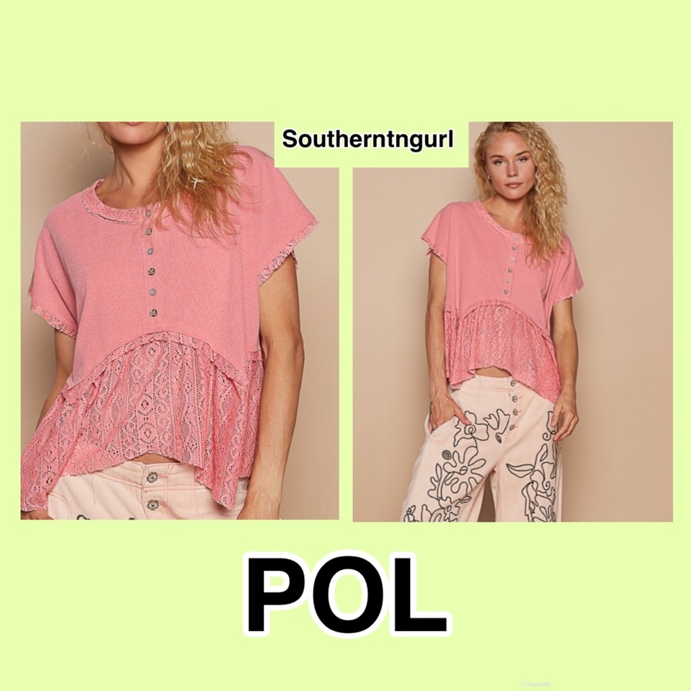 NWT  POL Relaxed Fit Thermal and Crochet Short Sleeve Top Blouse